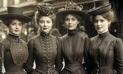 Young European ladies of 1880th, students, friends group walking one street, vintage