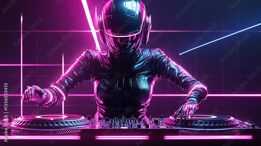 Futuristic dj performing in neonlit cyberpunk club with energetic music and vivid lights