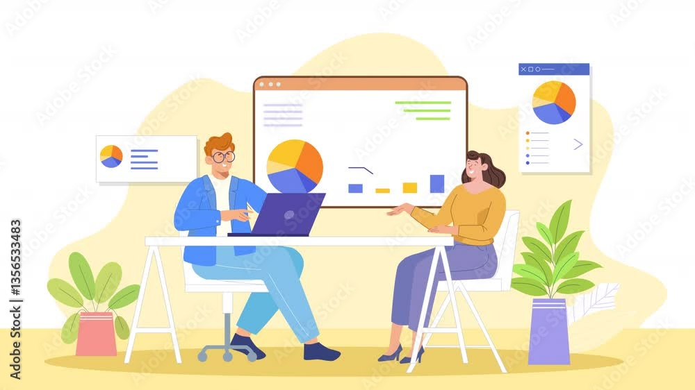 Business Strategy Consulting Team 2D Flat Character With Graphs Animation Scene looped Business Strategy Consulting Team 2D Flat Character With Graphs Animation Scene looped