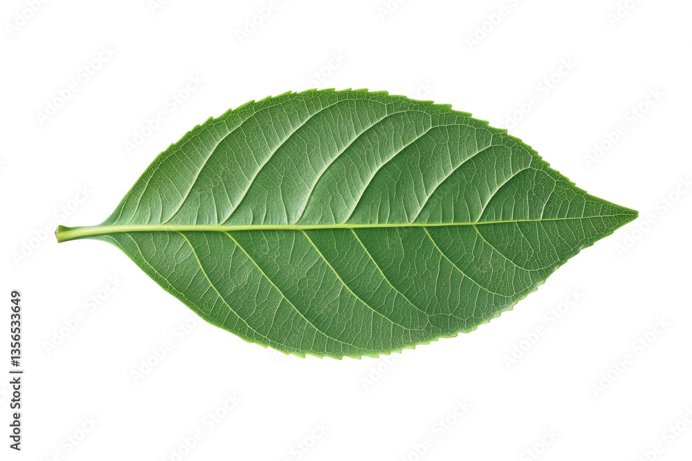 Obraz premium Vibrant green leaf with detailed veins on black background, cut out