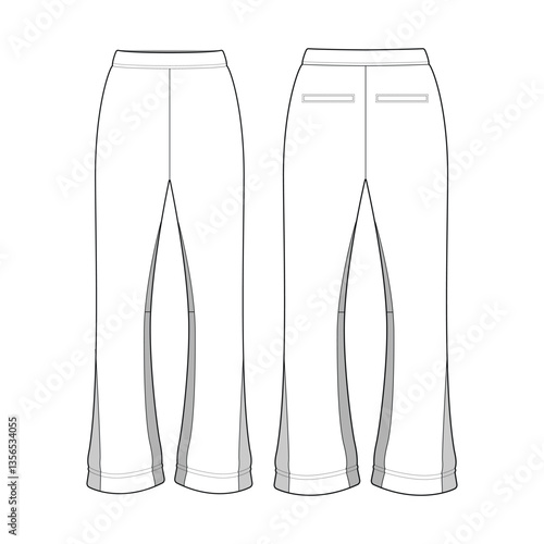 Flare sweatpants technical drawing, streetwear mockup template apparel flat illustration & garment blueprint