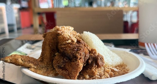 Fried chicken with rice on the table in a cafe or restaurant.