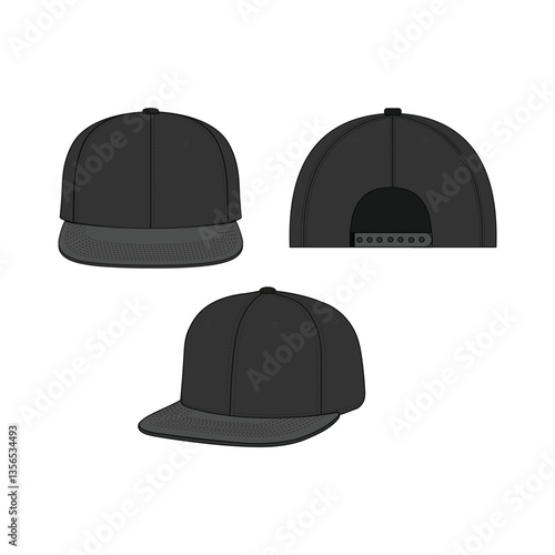 Fitted Black Hat Mockup – Front, Side, Back & Top Views | Blank Snapback Cap Vector for Fashion Design & Tech Pack Template