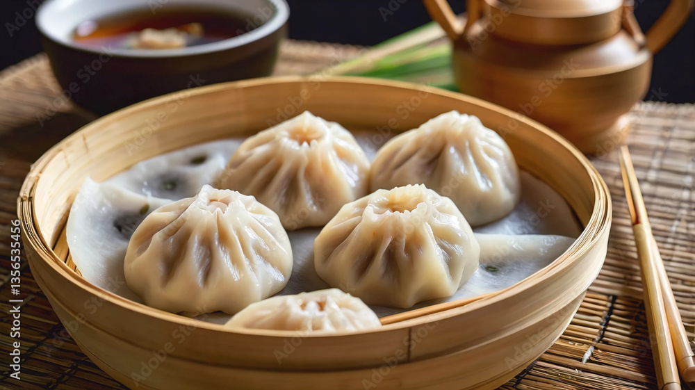 Chinese steamed dumpling and steamed pork bun in a bamboo steamer with chopstick Chinese steamed dumpling and steamed pork bun in a bamboo steamer with chopstick