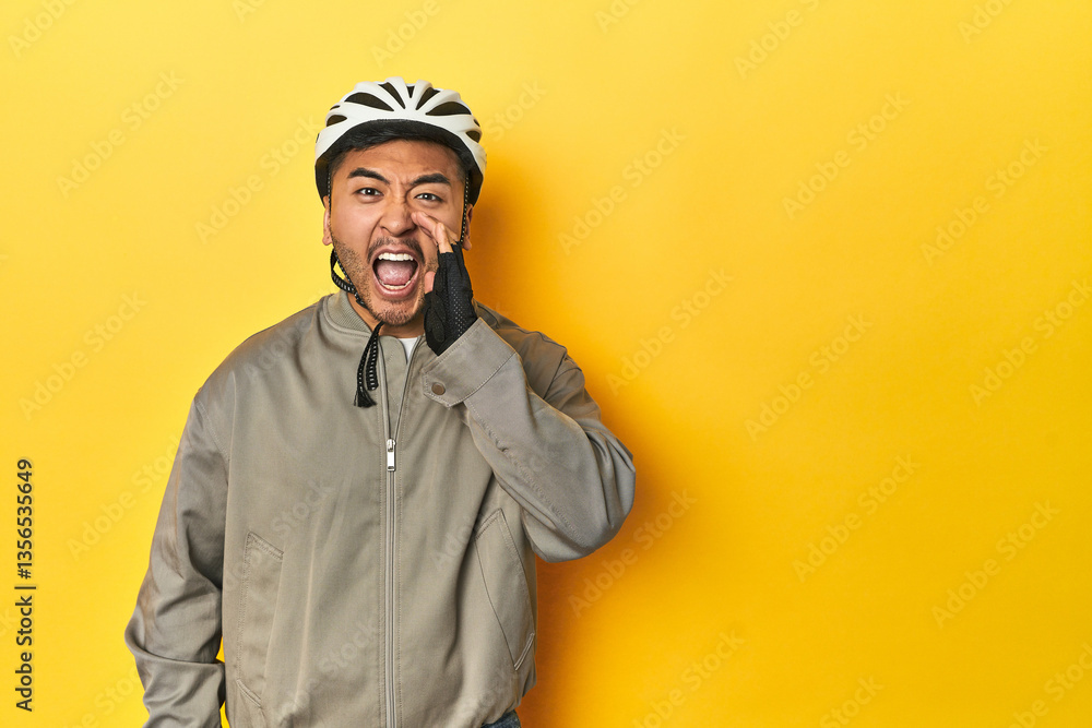 Φωτογραφία Asian man in bike helmet and gloves, yellow studio backdrop shouting and holding palm near opened mouth