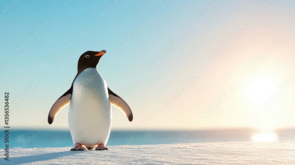 Obraz premium Penguin on snow, sunny Antarctic scene