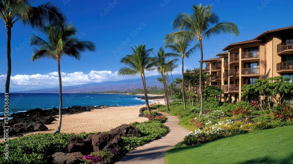 Fototapeta premium Wailea Beach View on Maui, Hawaii: Beautiful Holiday Destination with Palm Trees and Rocks