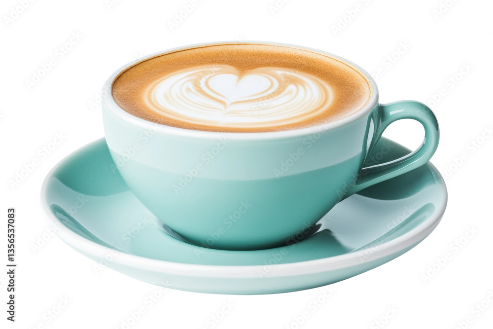 Teal cup of cappuccino with latte art heart on saucer, cut out Teal cup of cappuccino with latte art heart on saucer, cut out