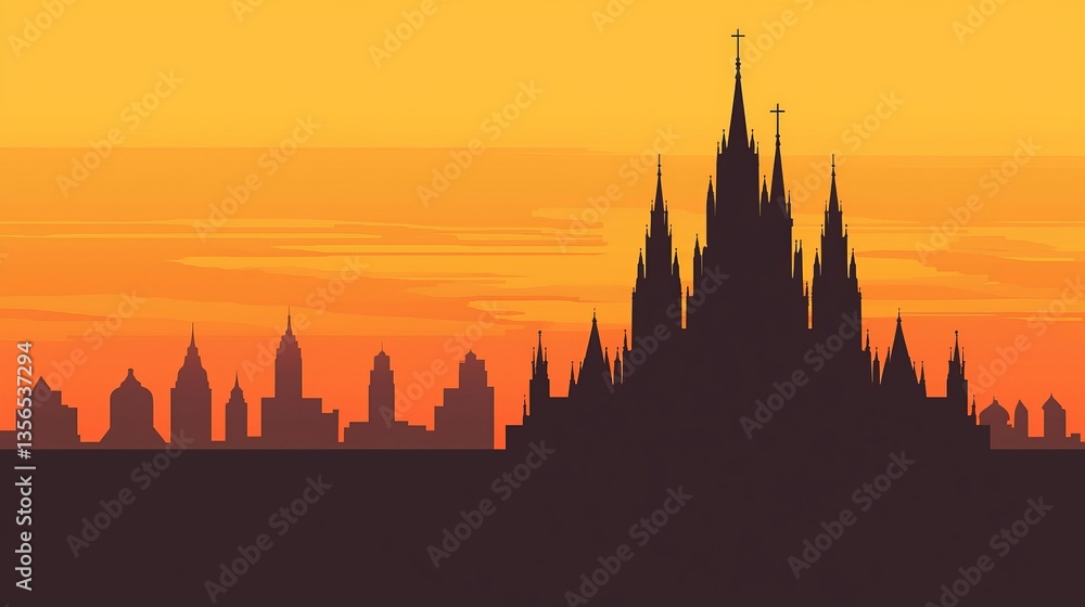 Silhouette of Gothic Architecture Against Vibrant Sunset Sky Over City Skyline Silhouette of Gothic Architecture Against Vibrant Sunset Sky Over City Skyline