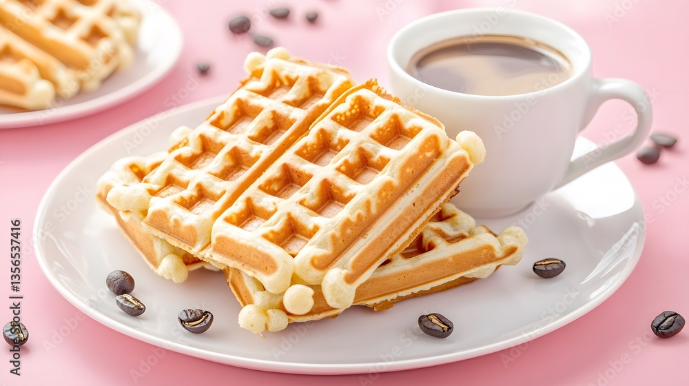 Delicious Golden Waffles with Coffee Breakfast Delicious Golden Waffles with Coffee Breakfast