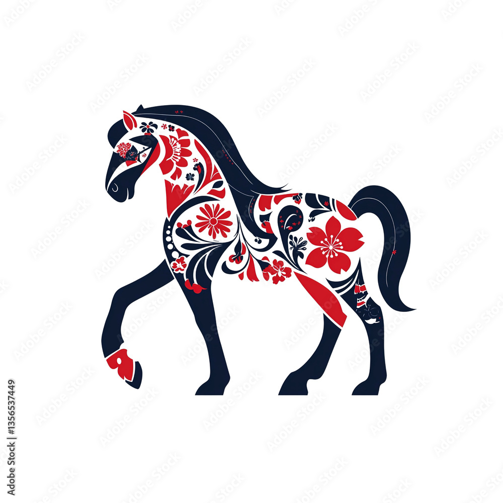 Obraz premium Ornate Floral Horse Silhouette Dark Blue and Red Design