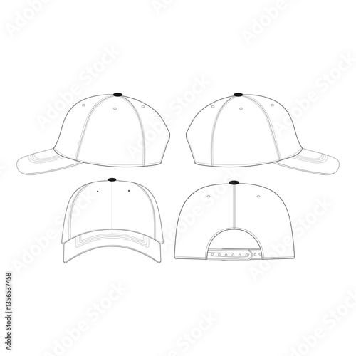 Realistic Baseball Cap Mockup - Blank White Hat Vector Template for Fashion Design, Sports Headgear with Sun Visor, Tech Pack Illustration & Unisex Apparel Drawing