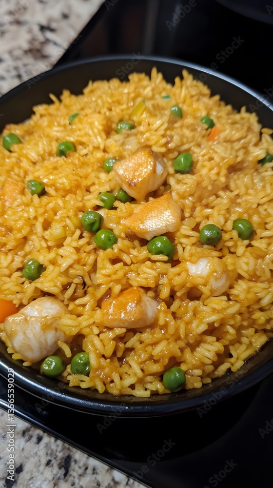 Delicious Chicken and Vegetable Rice Dish Cooked in a Black Bowl Delicious Chicken and Vegetable Rice Dish Cooked in a Black Bowl