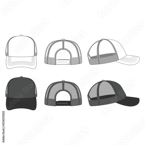 Trucker Cap Mesh Cap Template Illustration - White & Black. Technical Drawing and Tech Pack Template for Fashion Design. Streetwear Hat Vector Mockup for Apparel Branding and Graphic Design