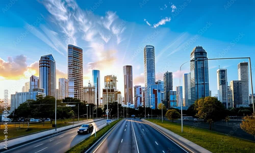 Beautiful panorama of modern downtown at sunset with glass skyscrapers and empty road leading in to the centre of the city Beautiful panorama of modern downtown at sunset with glass skyscrapers and empty road leading in to the centre of the city