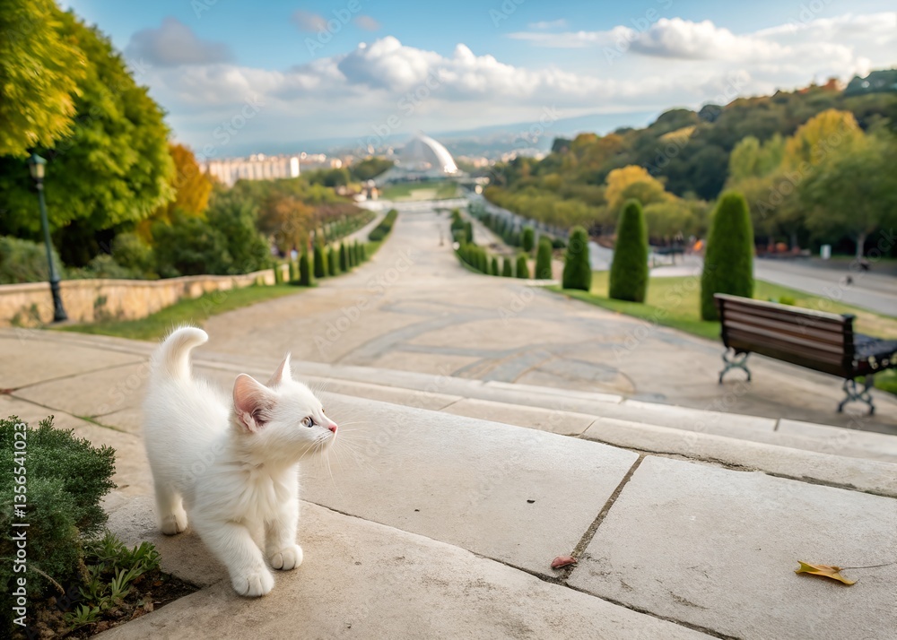 Adorable white kitten, concrete park panorama pure cuteness