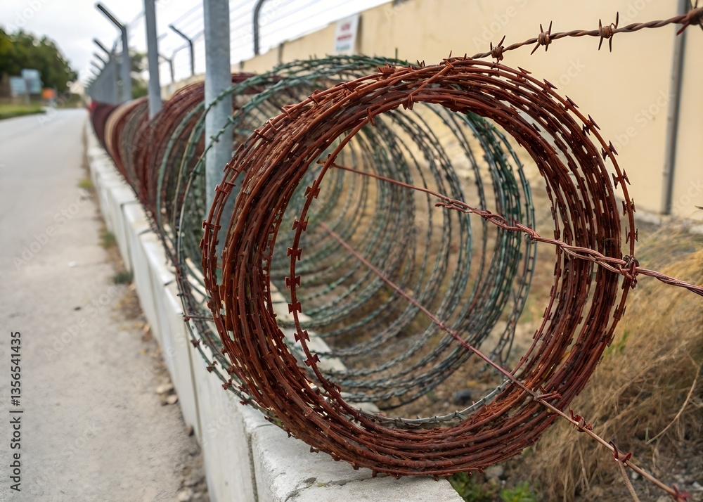 Isolated, spiked metal coil; the rough texture of round steel barbed wire used in robust security fencing