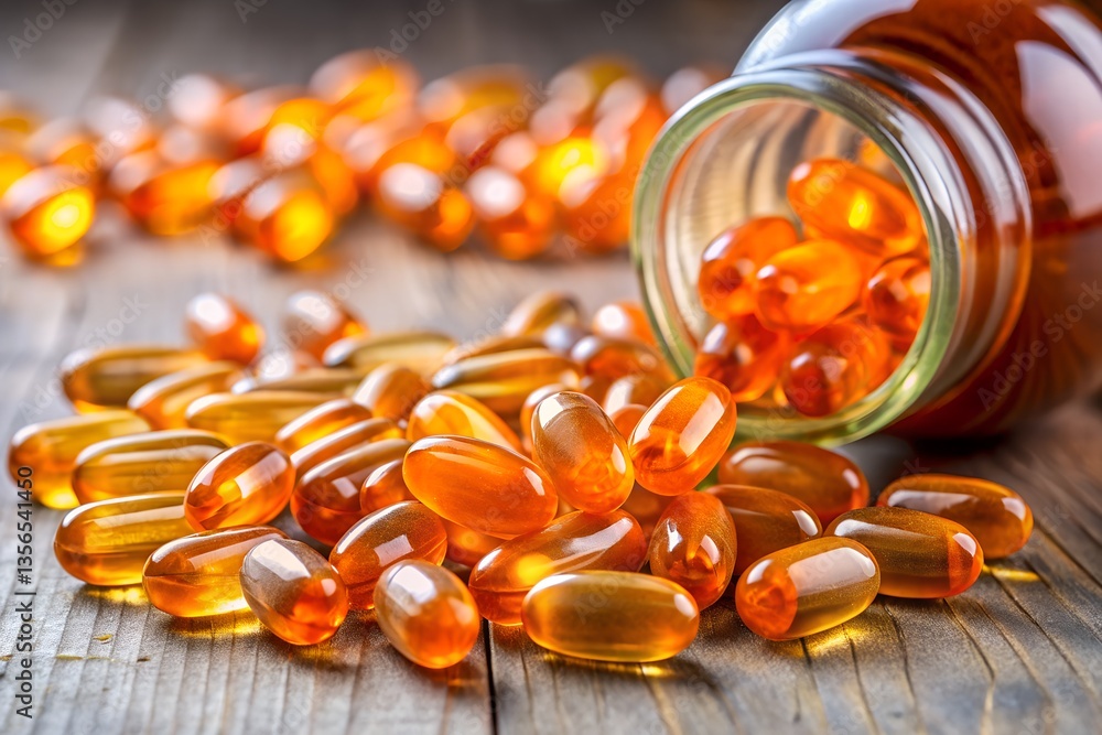 Close-up of spilled orange vitamin capsules; a high-resolution health supplement photo