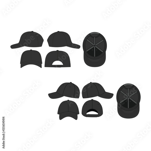 Blank Black Baseball Cap Vector Mockup & Technical Drawing – Snapback Hat Fashion Flat Sketch Template for Design & Tech Packs – Editable Streetwear Cap Illustration on White Background