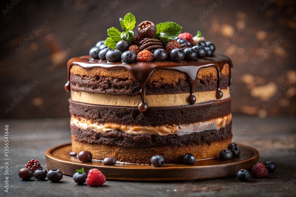 Luxurious chocolate cake decadent layers, rich textures, artful photography