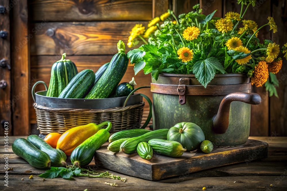 Rustic kitchen, summer harvest bounty raw green zucchini in a vintage still life