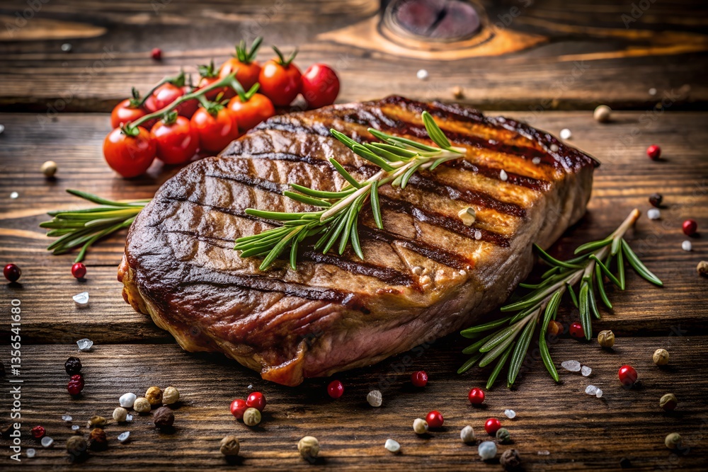 Savor a panoramic view juicy grilled steak, rustic wood, photorealistic detail, dinner perfection