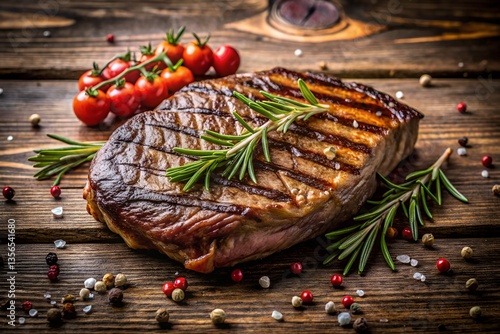 Obraz na płótnie Savor a panoramic view juicy grilled steak, rustic wood, photorealistic detail, dinner perfection w salonie
