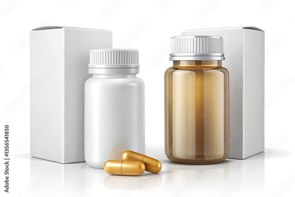 realistic medicine packaging pill bottle, supplement box, and clean design