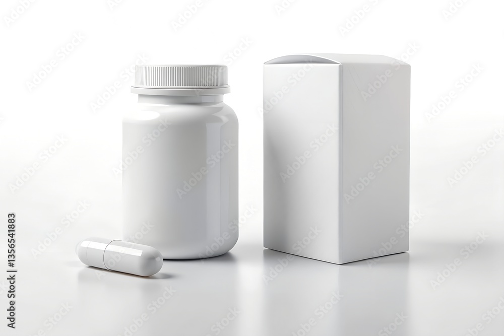 White background showcases realistic medicine packaging pill bottle, supplement box, and clean design
