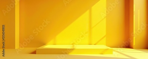 Abstract autumn yellow studio room with shadow on floor and wall, featuring a minimal cosmetic presentation podium on a yellow orange cement backdrop stage table,  table,  loft