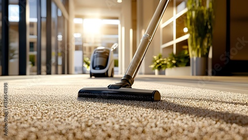 Wallpaper Mural A vacuum cleaner is on a carpet with sunlight streaming in, creating a warm and inviting atmosphere in a modern interior space. Concept Modern Interior Design, Sunlit Spaces, Cozy Atmosphere Torontodigital.ca