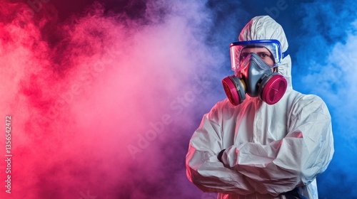 Professional Worker in Protective Gear with Colorful Background Smoke