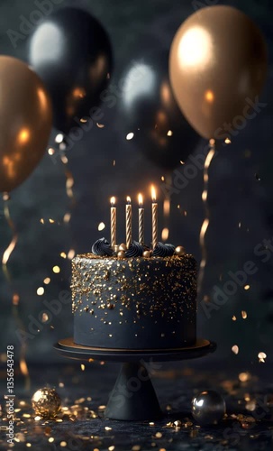 Delicious black and gold birthday cake with lit candles, surrounded by balloons and falling confetti, creating a festive atmosphere