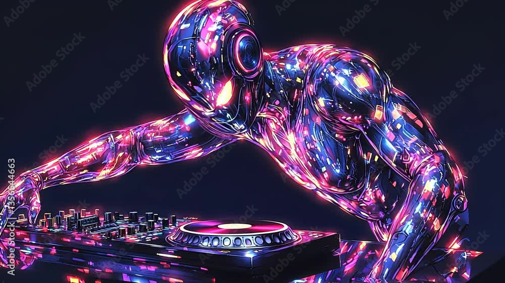 Futuristic dj robot mixing music with dynamic neon lights