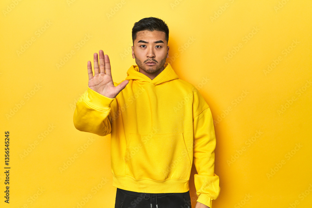 Bold Asian man in yellow hoodie on yellow studio standing with outstretched hand showing stop sign, preventing you. Bold Asian man in yellow hoodie on yellow studio standing with outstretched hand showing stop sign, preventing you.