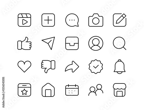 Social Media Vector Icon Set | Adjustable Line Weight | Like, comment, share, notification, profile, camera, verified, search, chat, followers, messaging, interaction, user interface icons