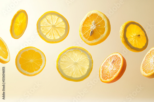 Bright citrus slices float against a warm background in harmony.