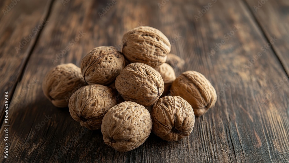 Heap of Whole Walnuts on a Wooden Surface Heap of Whole Walnuts on a Wooden Surface