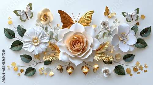3D render of white wall with elegant flowers and leaves, paper butterflies, wedding theme