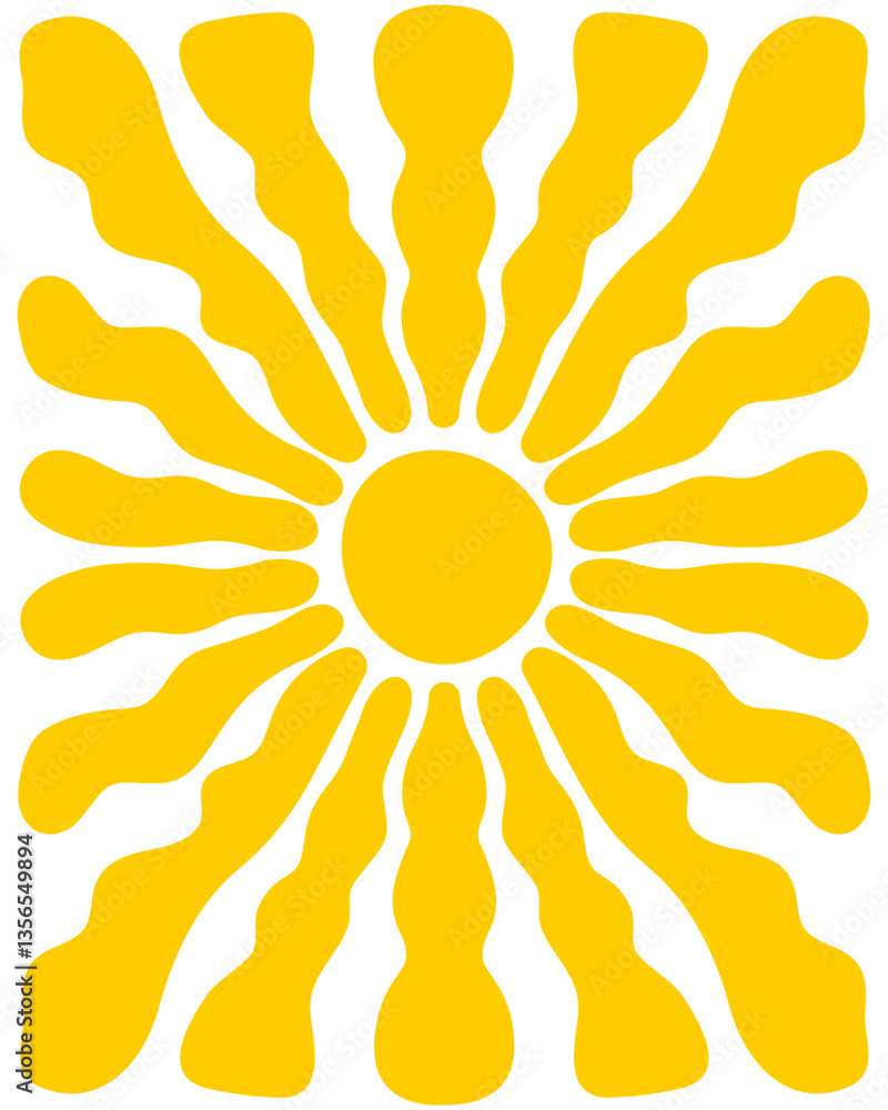 Groovy sun rays background. Sunburst, sunrise or sunset vertical poster. Spring or summer theme wallpaper. Good vibes concept. Modern funny print. Hippy design. Vector flat illustration.