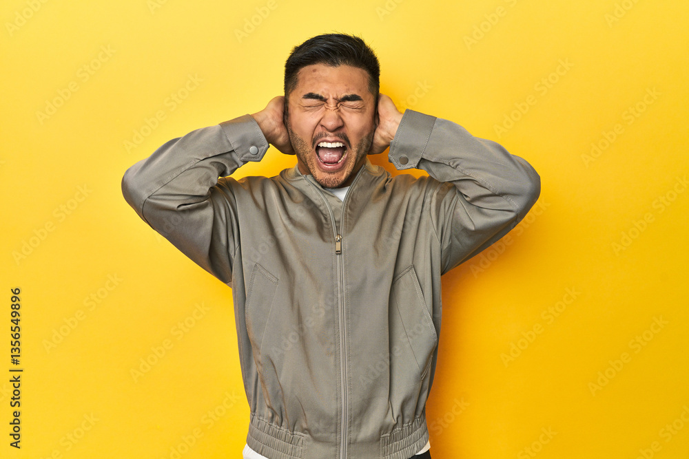 Stylish Asian man in gray jacket on yellow studio covering ears with hands trying not to hear too loud sound. Stylish Asian man in gray jacket on yellow studio covering ears with hands trying not to hear too loud sound.
