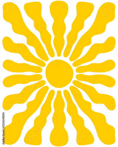 Groovy sun rays background. Sunburst, sunrise or sunset vertical poster. Spring or summer theme wallpaper. Good vibes concept. Modern funny print. Hippy design. Vector flat illustration.