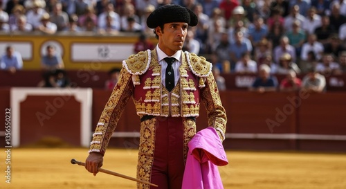 Traditional Matador Performance in a Bullfighting Arena, with Classic Attire and Capote on Display in Cultural Event