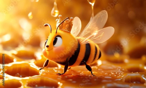 Cute queen bee wearing golden crown standing on honeycomb with dripping honey in a sunny day	