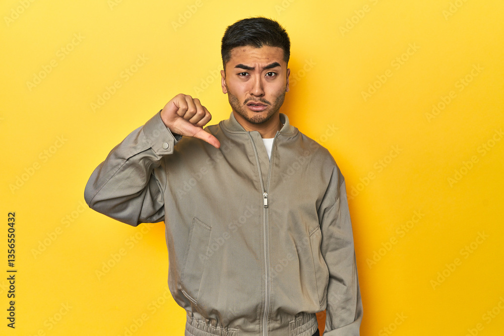 Fototapeta premium Stylish Asian man in gray jacket on yellow studio showing thumb down, disappointment concept.