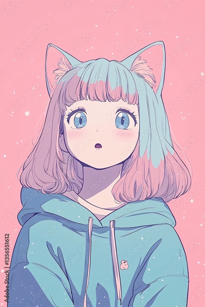 Enchanting Anime Character: A captivating anime girl with a unique look stands before a soft background. Enchanting Anime Character: A captivating anime girl with a unique look stands before a soft background.