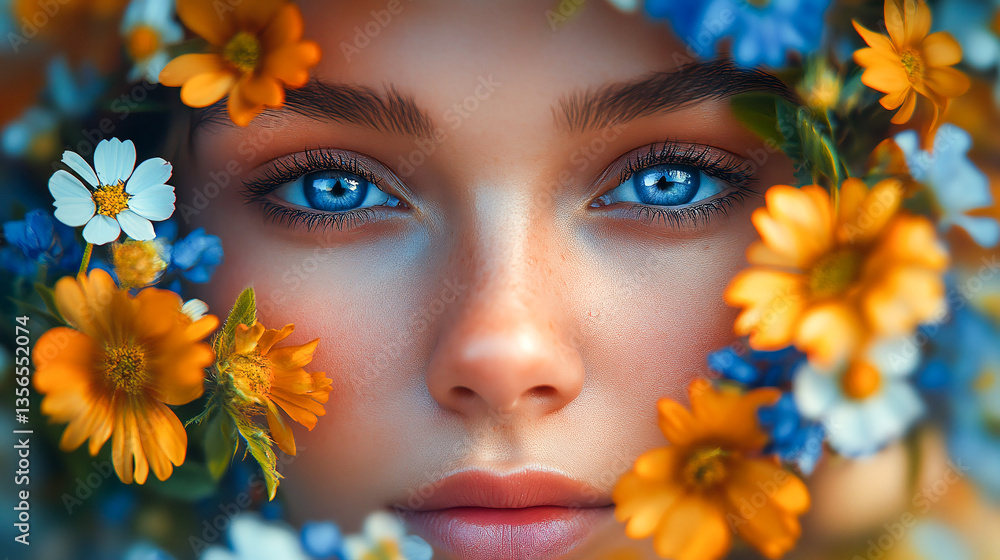 Floral spring concept of fresh flowers on the face, body and elegant fashion, romantic dress of a young beautiful attractive girl. Abstract portrait Floral spring concept of fresh flowers on the face, body and elegant fashion, romantic dress of a young beautiful attractive girl. Abstract portrait