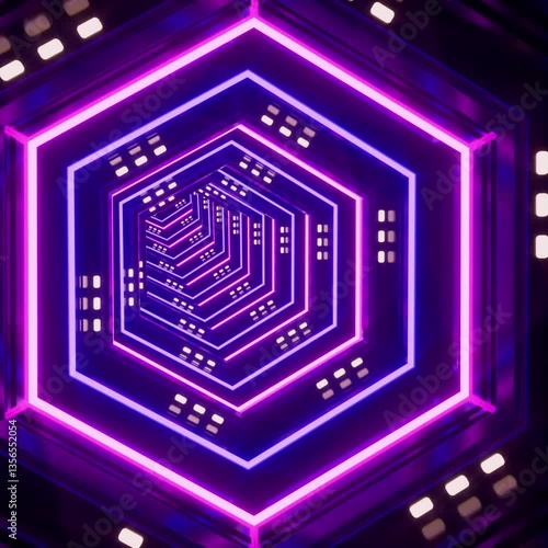 3d Loop animation of Futuristic Neon Tunnel. Abstract technology background. 