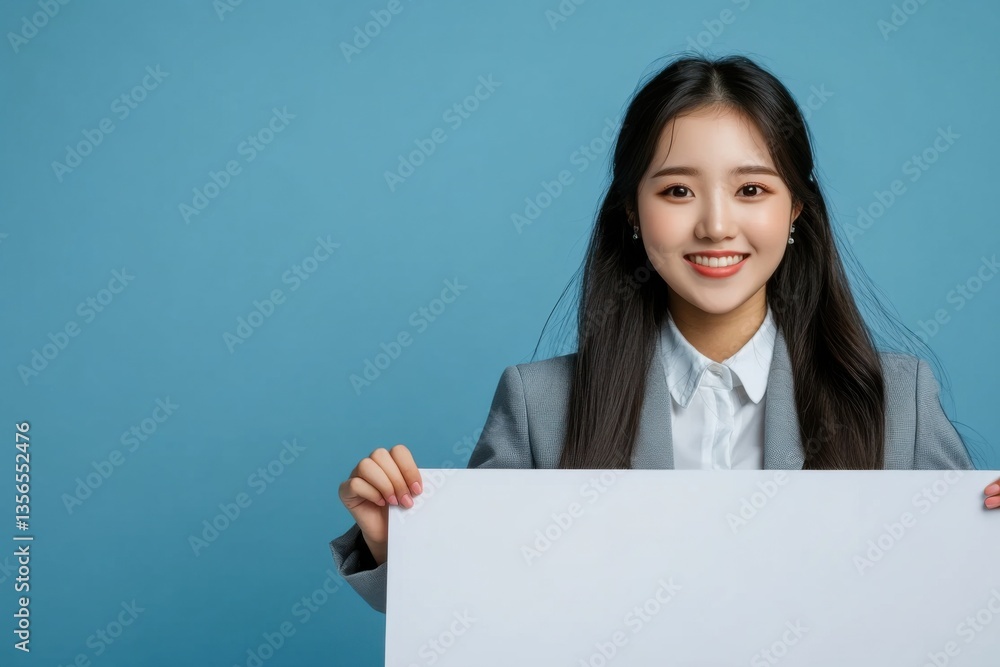 Professional Asian businesswoman behind empty banner Professional Asian businesswoman behind empty banner