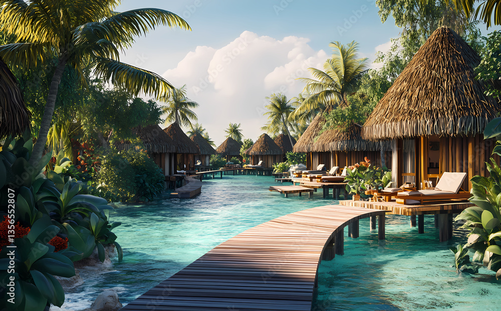 Obraz premium Tropical Oasis: Turquoise Waters and Bungalows: A serene paradise unfolds, showcasing a collection of thatched-roof bungalows perched over shimmering turquoise waters, surrounded by lush greenery.
